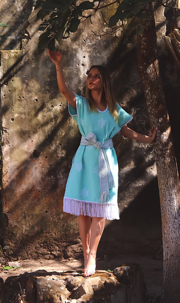Huipil Dress San Juan mint with stars and bangs