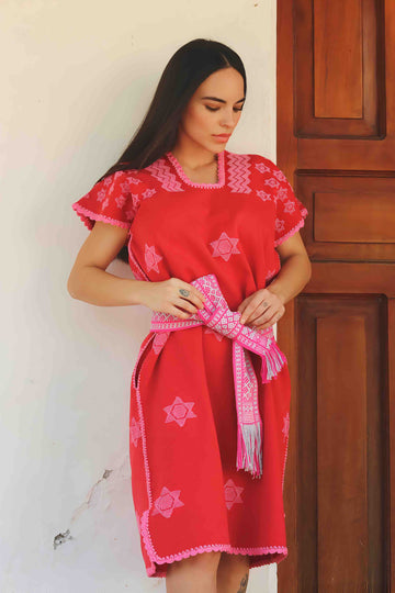 Huipil Dress San Juan red with stars