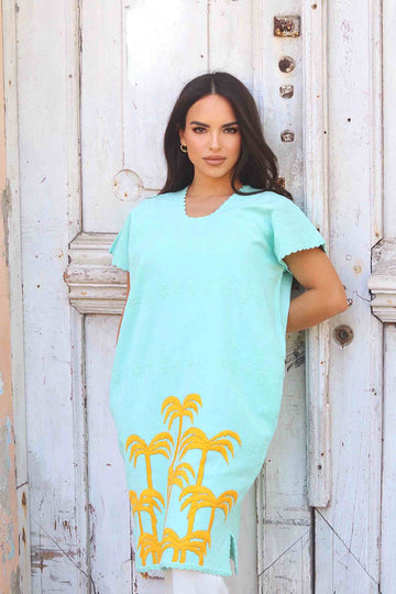 Huipil dress San Juan turquiuse with palms short