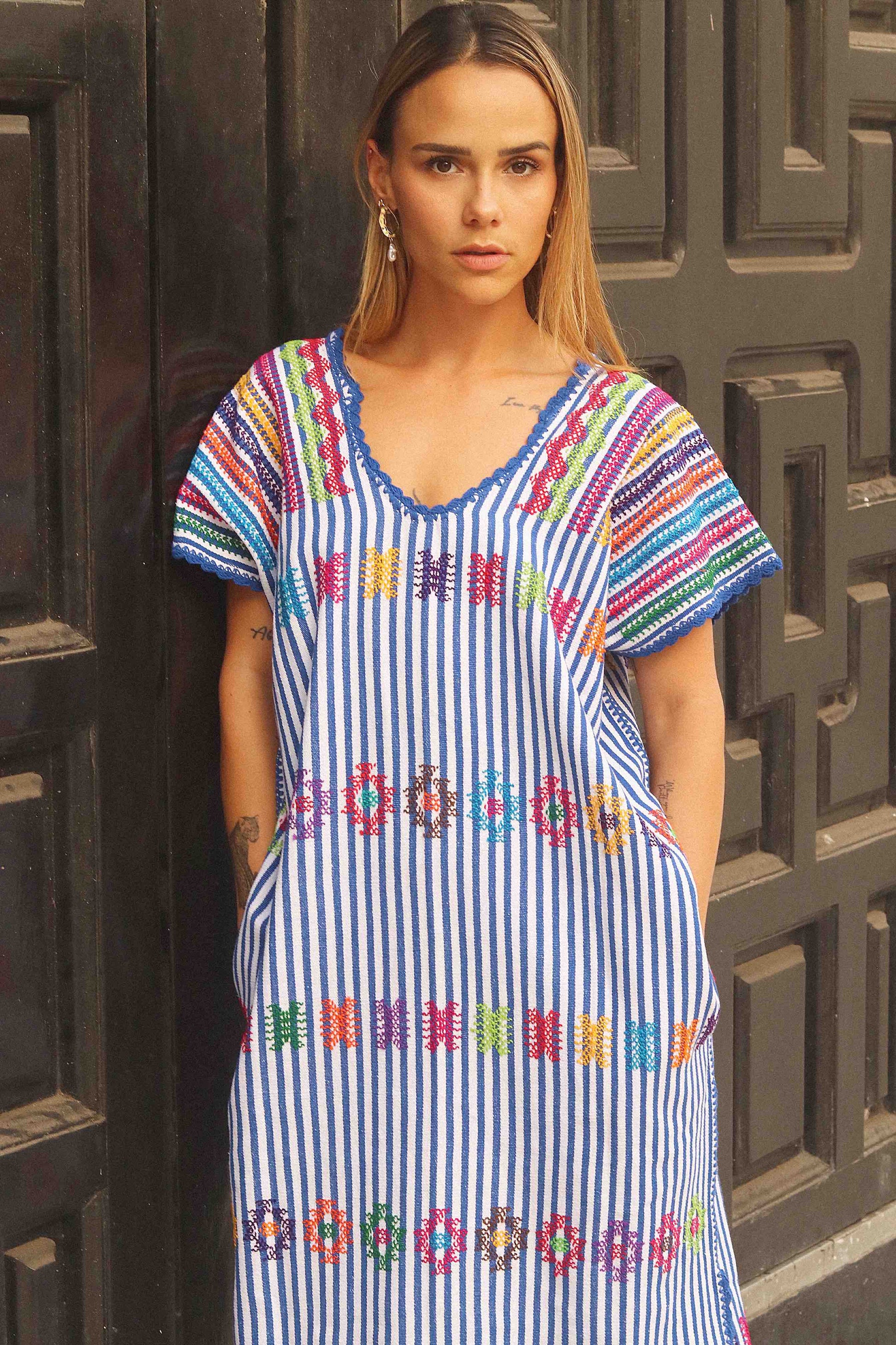 Huipil Dress San Juan blue striped