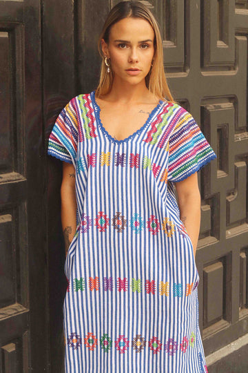 Huipil Dress San Juan blue striped