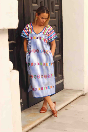 Huipil Dress San Juan blue striped  complete
