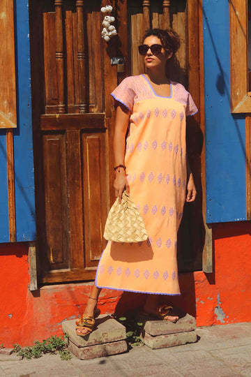 Huipil Dress San Juan watermelon with blue brocade