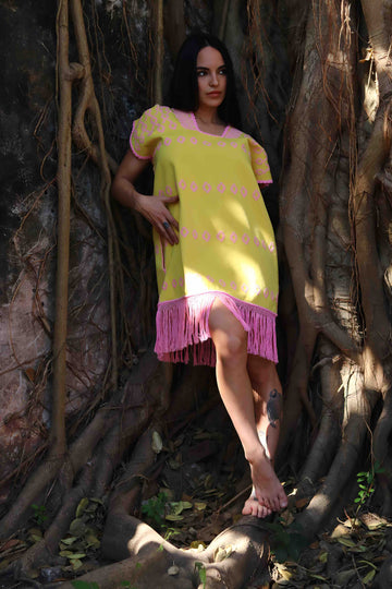 Huipil Dress San Juan yellow with bangs