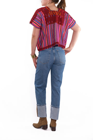 Chenalho Blouse striped blouse with red brocade embossed
