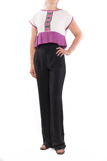 Lourdes crop top blouse white with purple embroidery