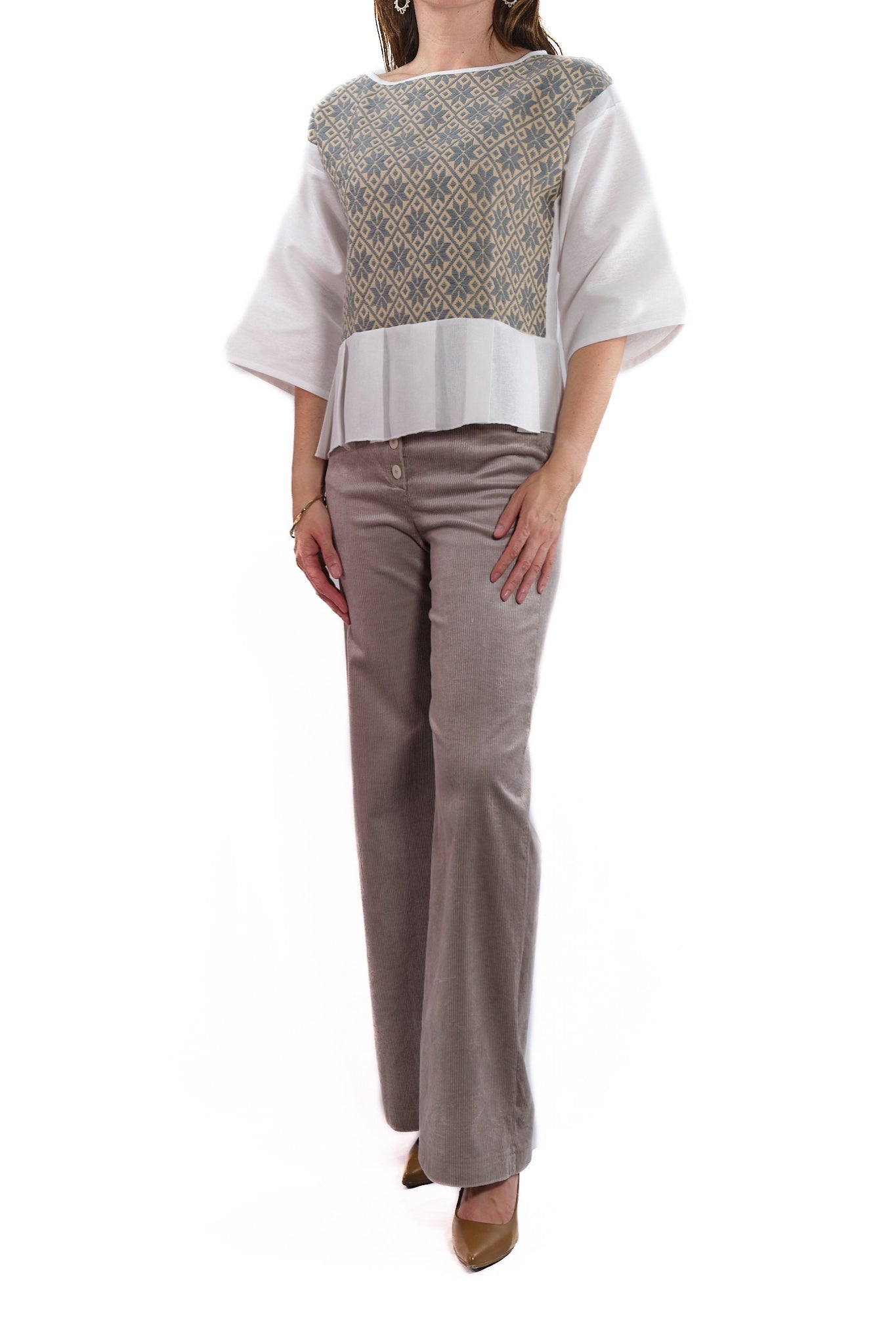 Lourdes long sleeve blouse white with grey and beige embroidery