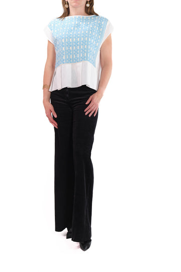 Lourdes short sleeve blouse white with blue embroidery