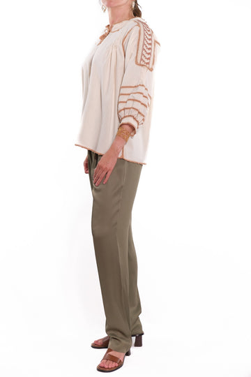 Odilia Blouse ecru white with brown embroidery