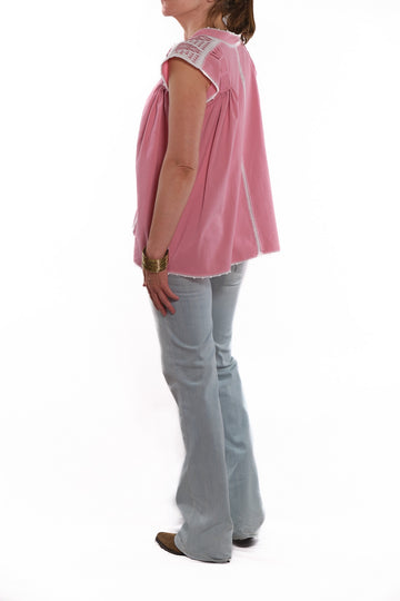 Odilia Blouse pink with pink and white embroidery, short sleeve