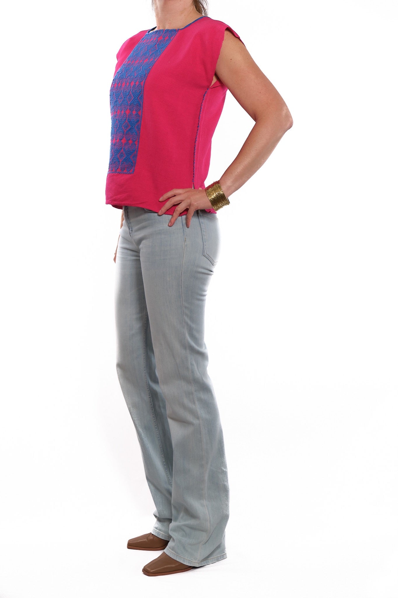 Ofelia Blouse pink with blue embroidery