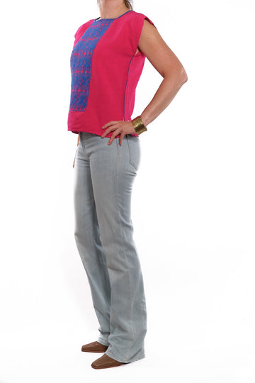 Ofelia Blouse pink with blue embroidery