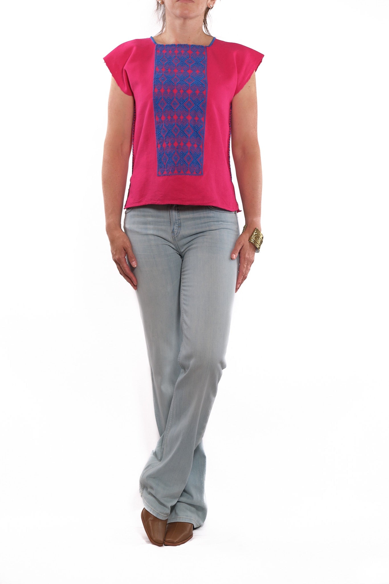 Ofelia Blouse pink with blue embroidery