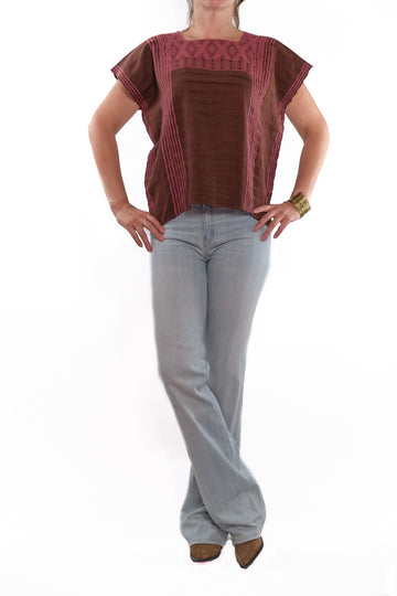 Ofelia Unraveled Blouse brown with pink embroidery
