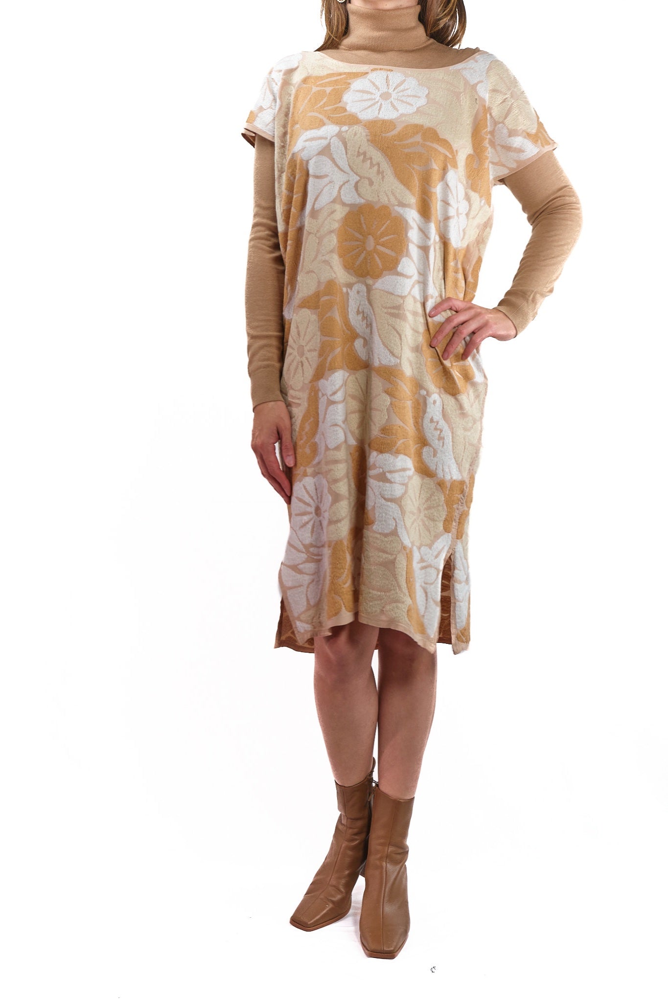 Adelina Dress beige with earth colors embroidery