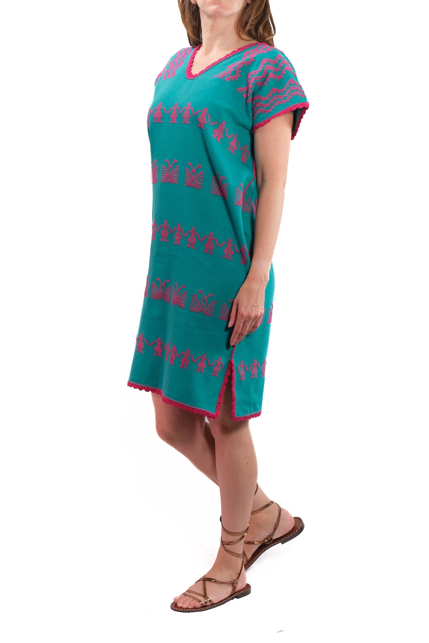 Huipil Dress San Juan turquoise with pink brocade