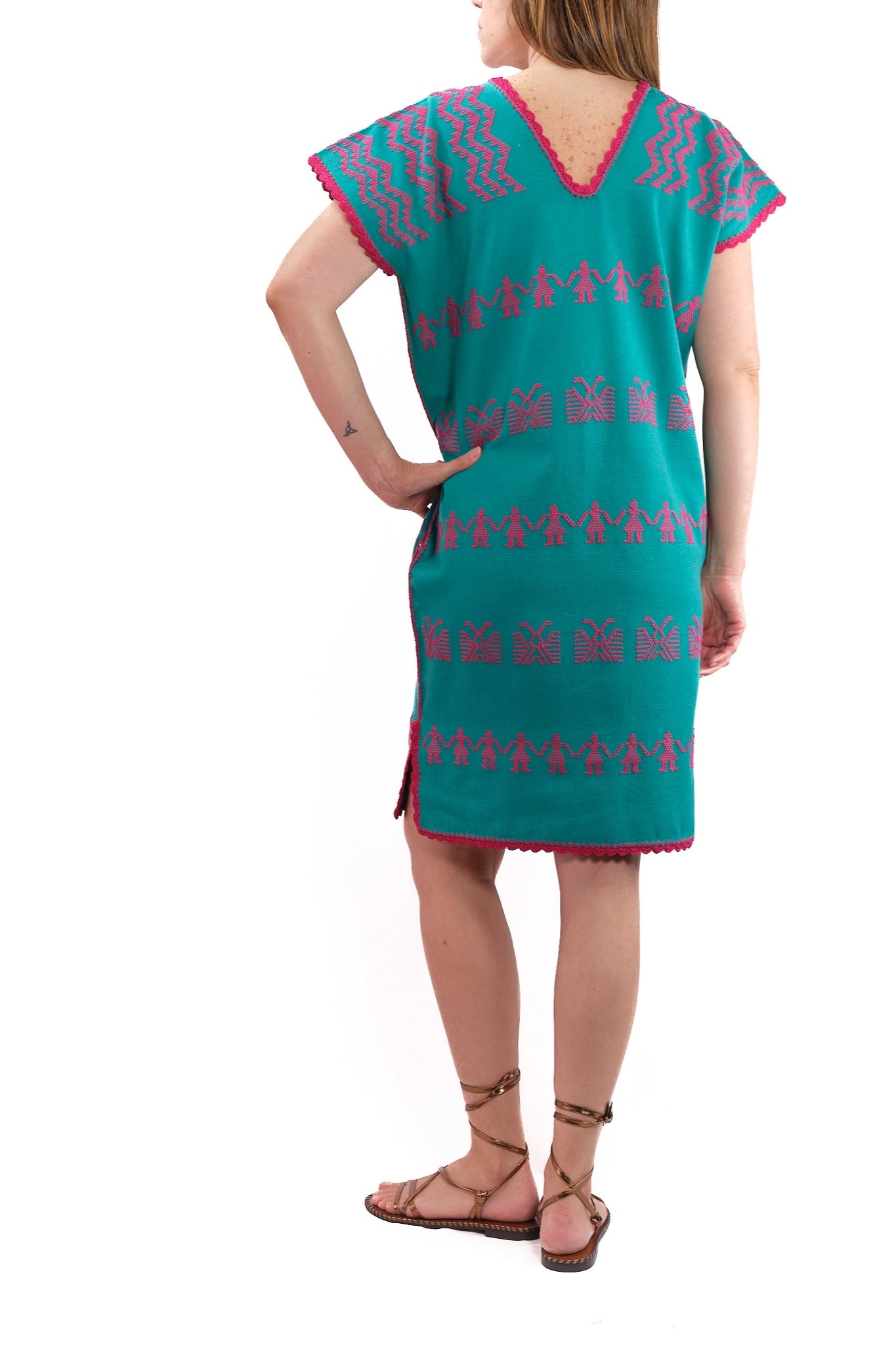 Huipil Dress San Juan turquoise with pink brocade