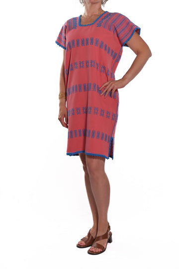 Huipil Dress San Juan pink with blue brocade