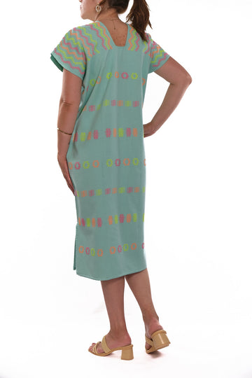 Huipil Dress San Juan green light with multicolor neon brocade