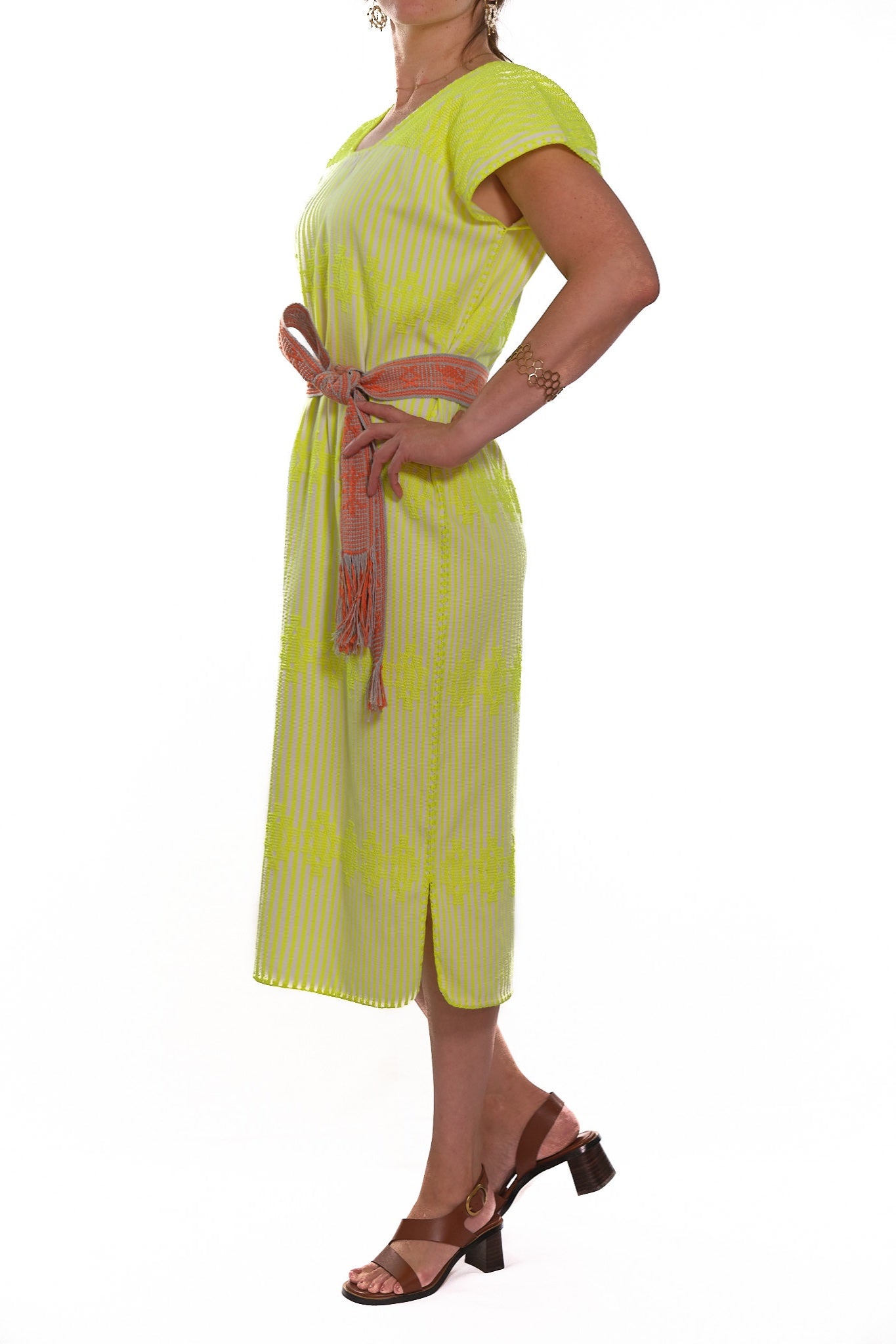 Huipil Dress San Juan yellow neon striped