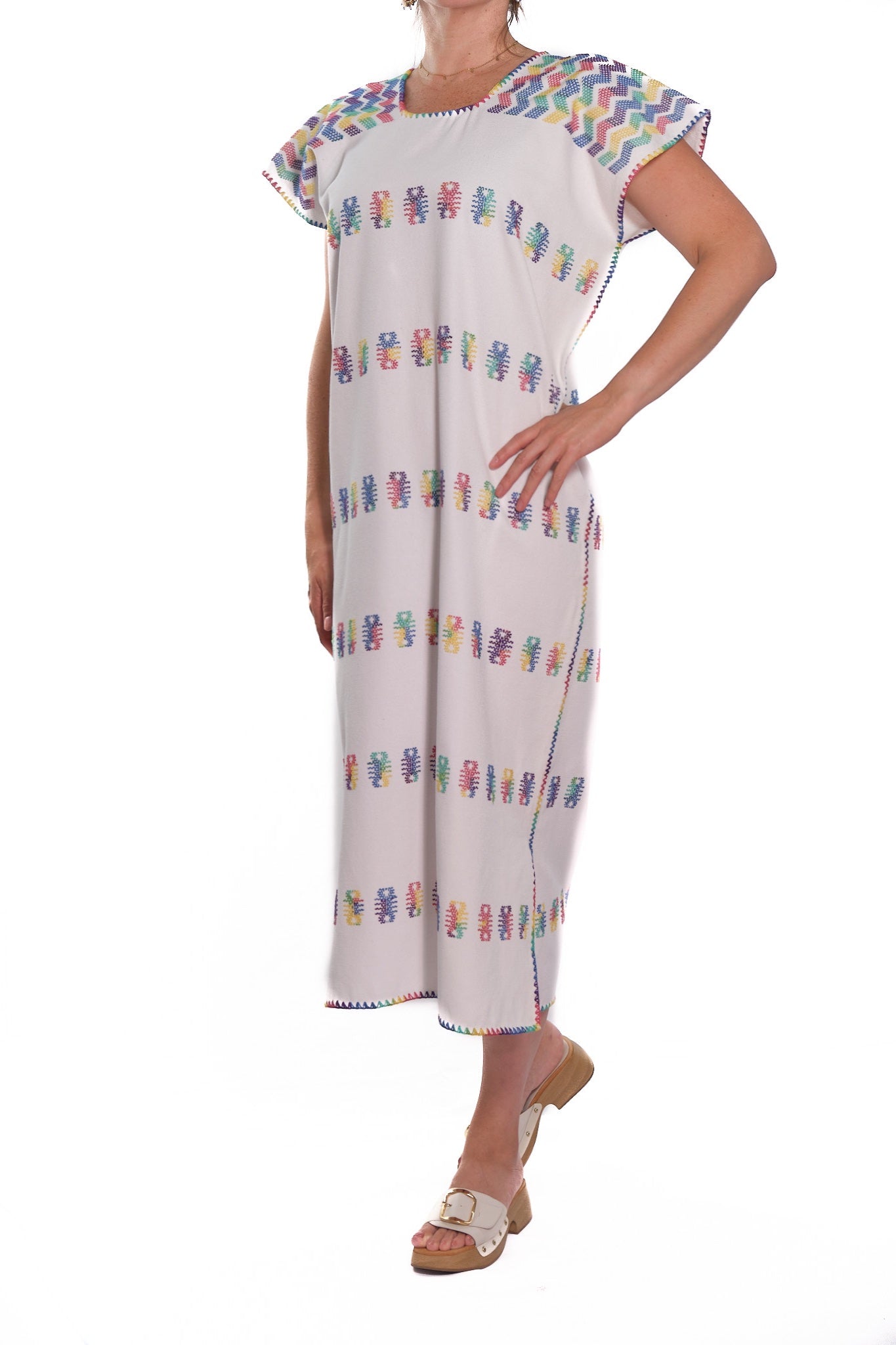 Huipil Dress San Juan white with multicolor brocade
