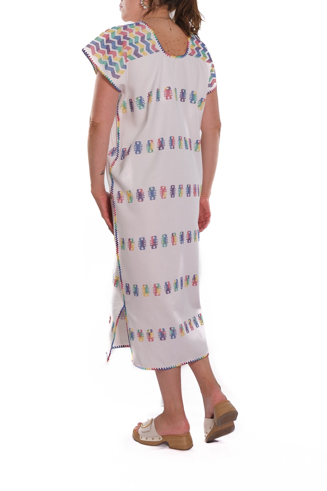 Huipil Dress San Juan white with multicolor brocade