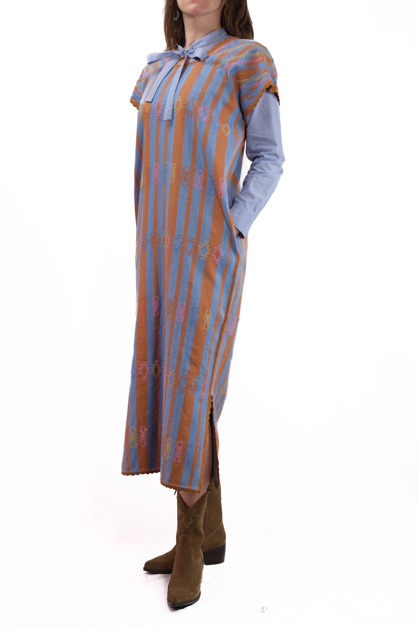 Huipil Dress San Juan blue and brown striped with multicolor brocade