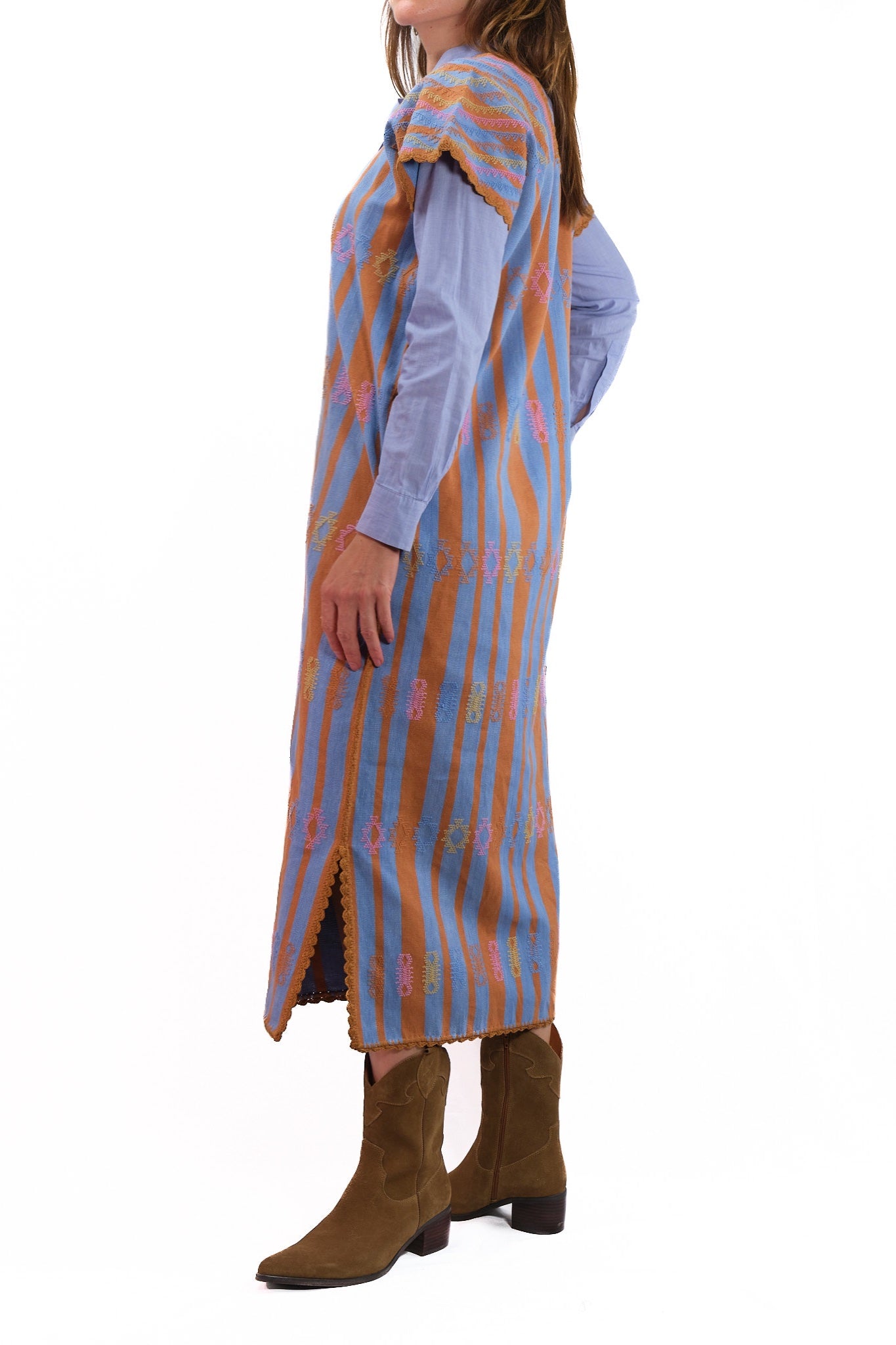 Huipil Dress San Juan blue and brown striped with multicolor brocade