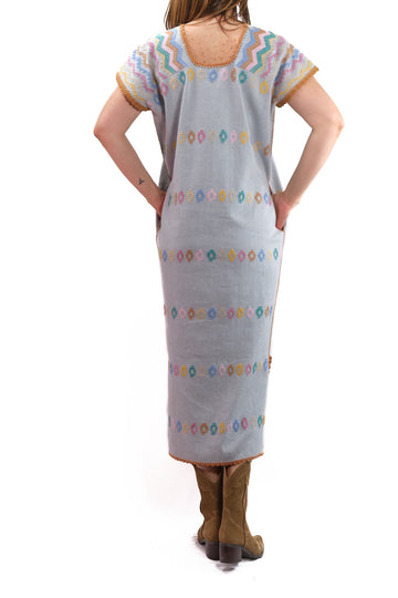 Huipil Dress San Juan grey with multicolor brocade