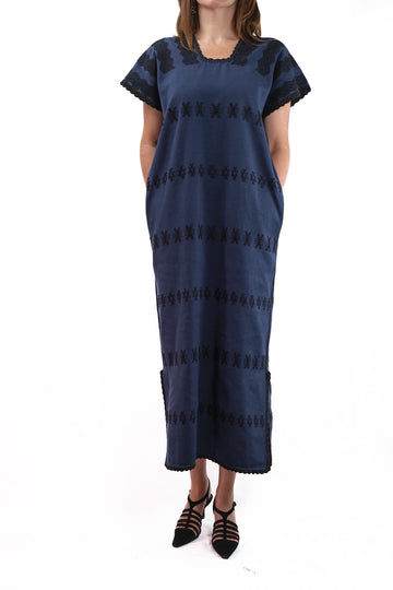 Huipil Dress San Juan dark blue with black brocade