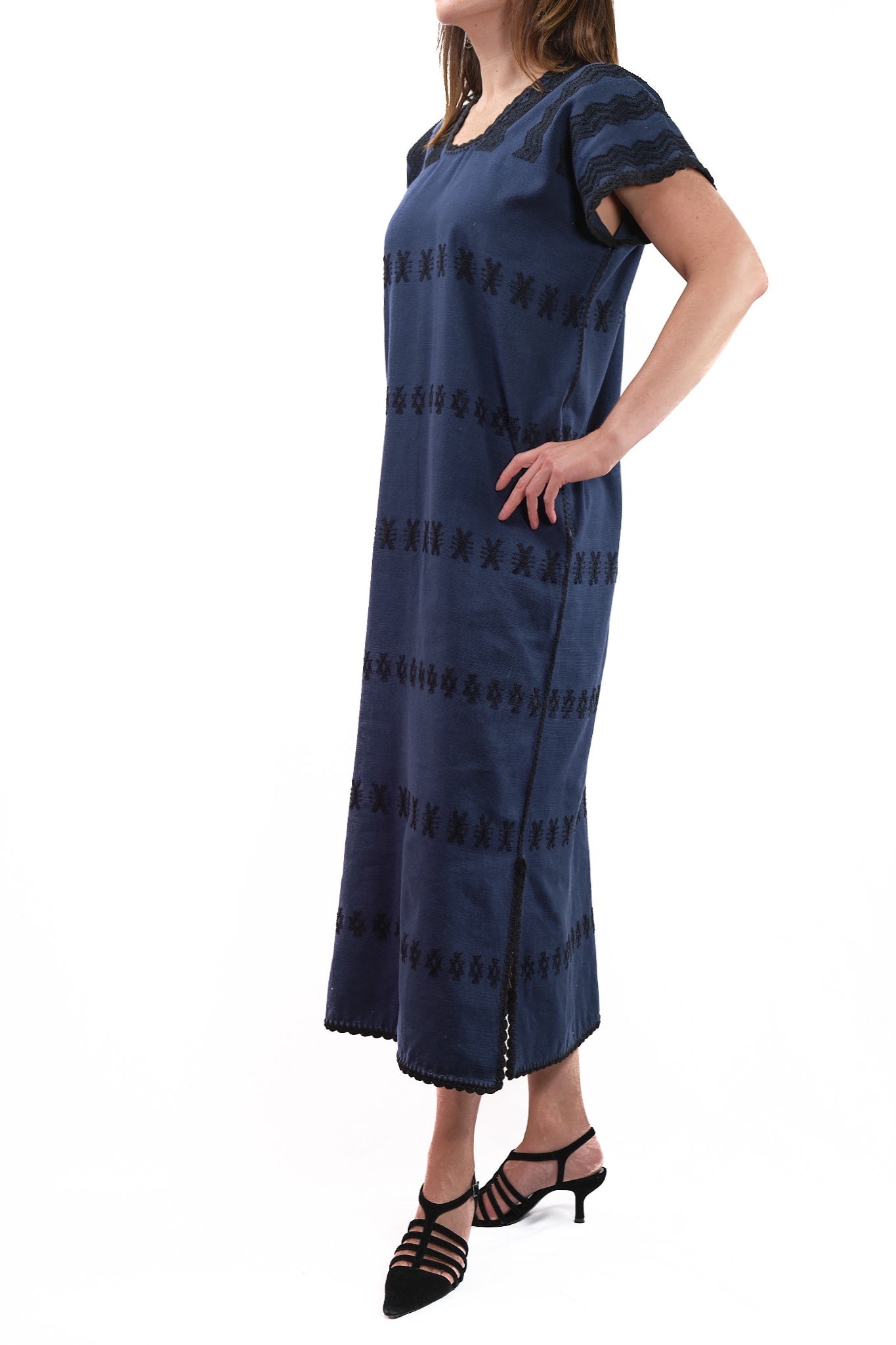 Huipil Dress San Juan dark blue with black brocade