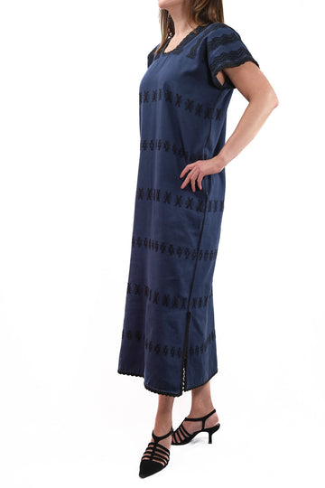 Huipil Dress San Juan dark blue with black brocade