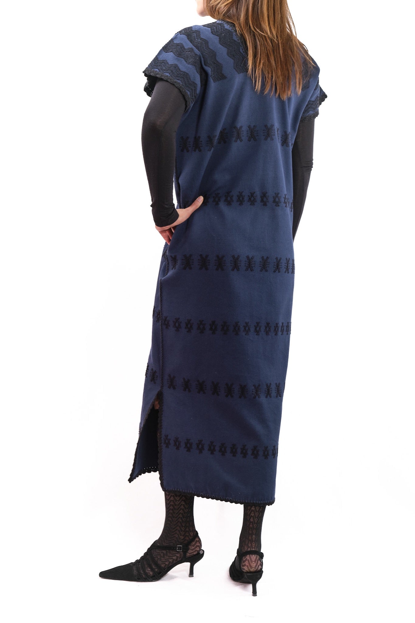 Huipil Dress San Juan dark blue with black brocade