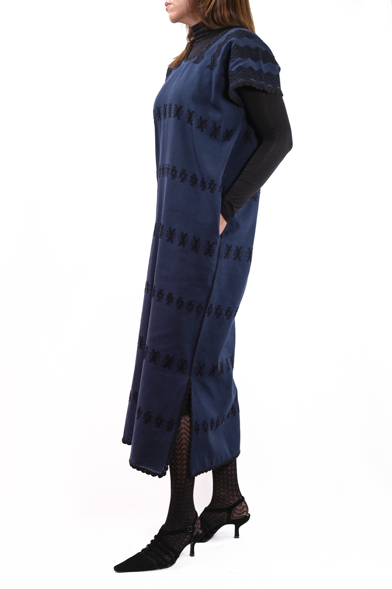 Huipil Dress San Juan dark blue with black brocade