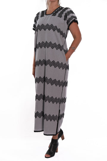 Huipil Dress San Juan grey with black brocade