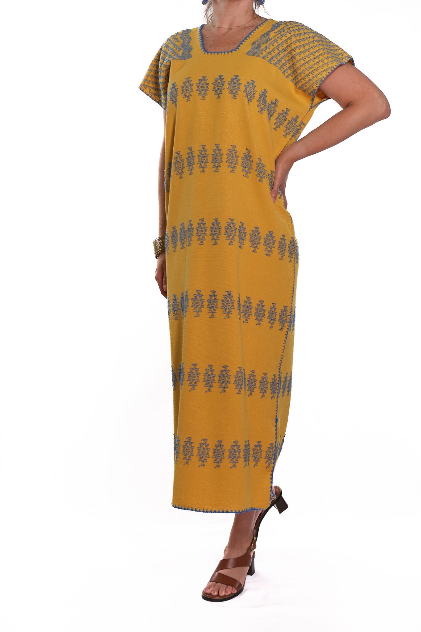 Huipil Dress San Juan mustard yellow with blue brocade