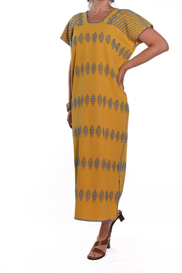 Huipil Dress San Juan mustard yellow with blue brocade