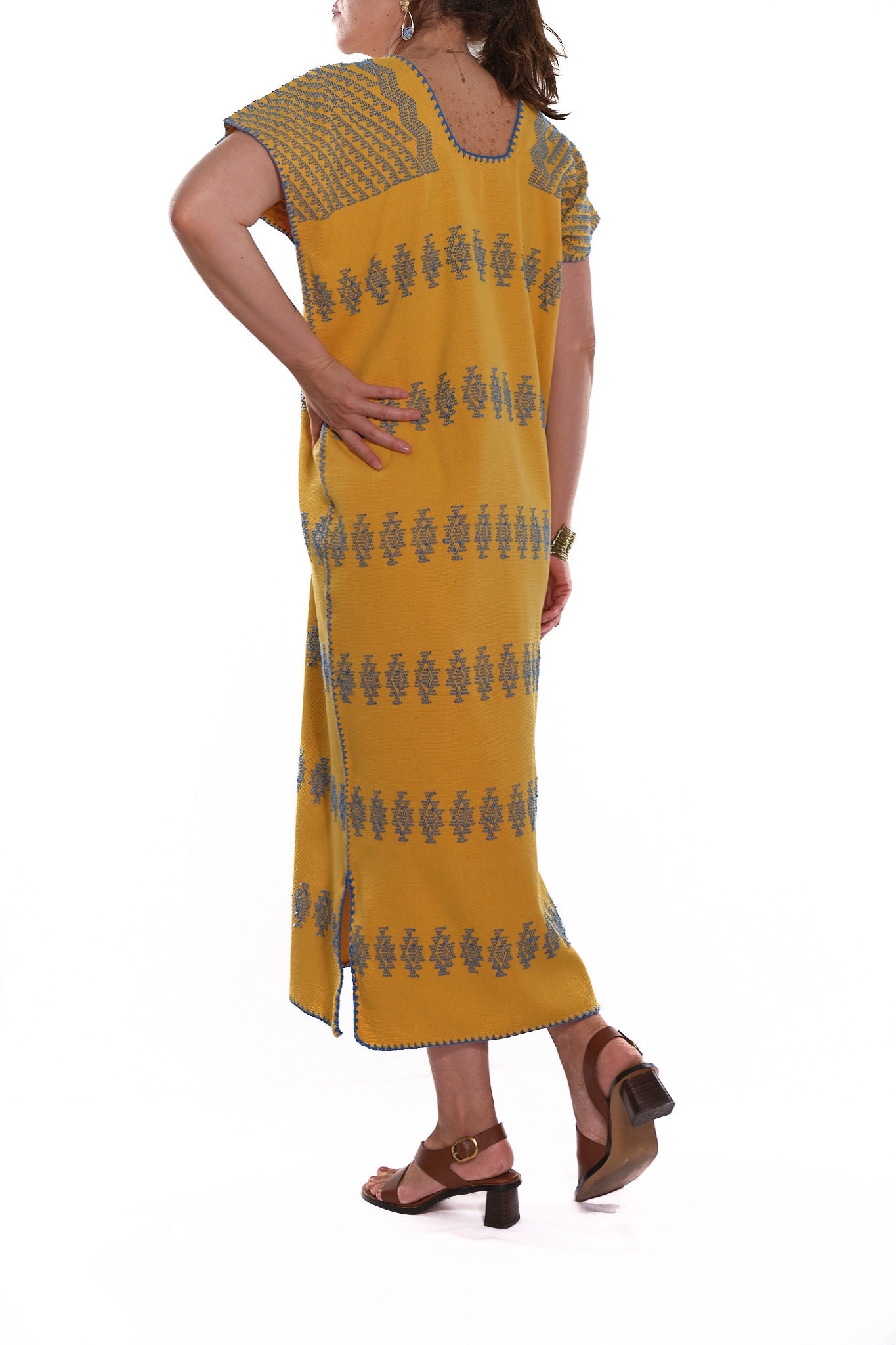 Huipil Dress San Juan mustard yellow with blue brocade