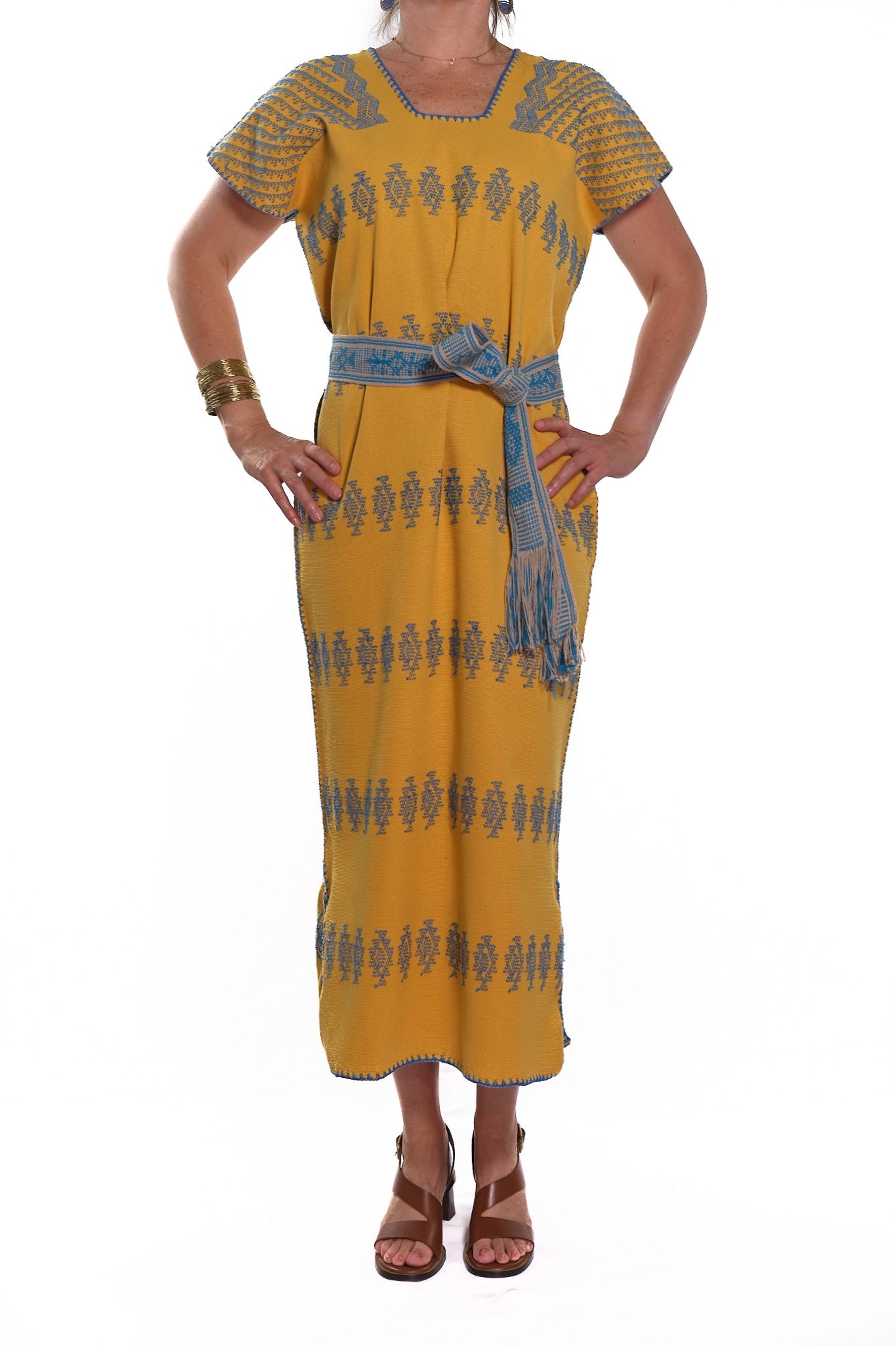 Huipil Dress San Juan mustard yellow with blue brocade