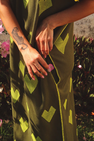 Huipil Dress San Juan green with hearts