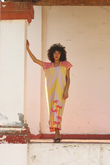 Huipil Dress San Juan striped with palms