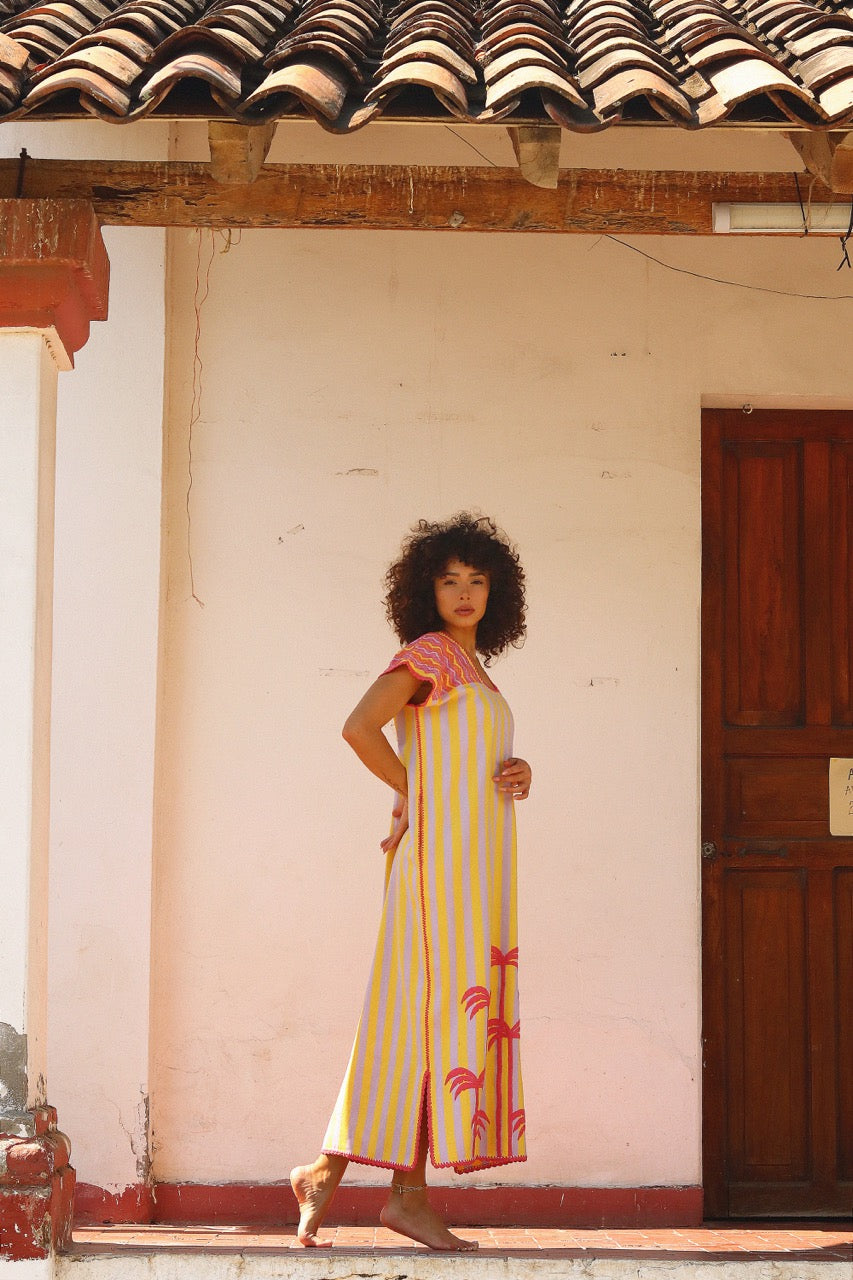 Huipil Dress San Juan striped with palms
