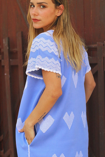 Huipil Dress San Juan blue with heart
