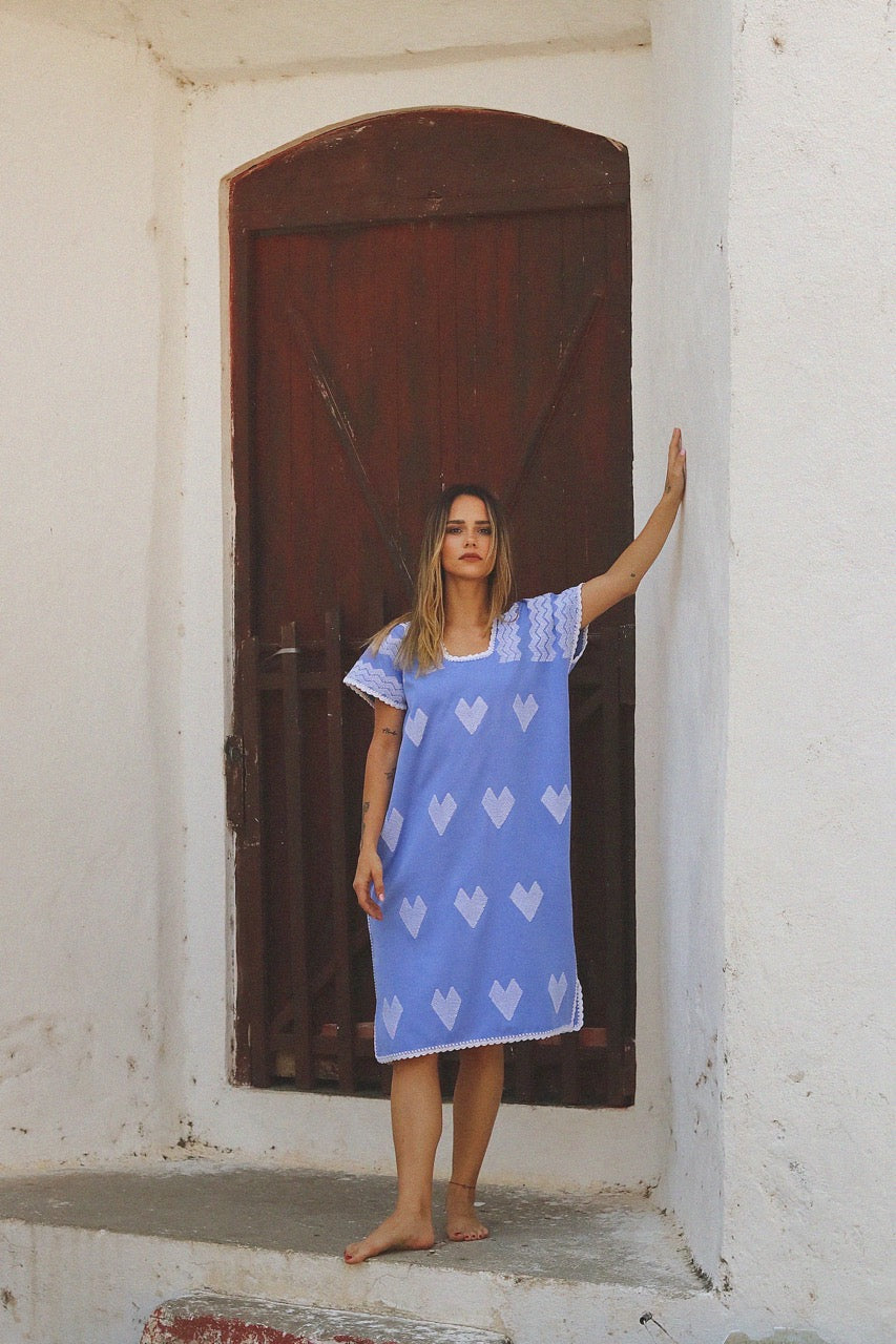 Huipil Dress San Juan blue with heart