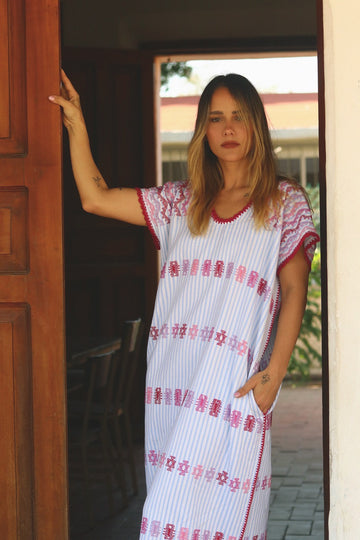 Huipil Dress San Juan striped blue with purple