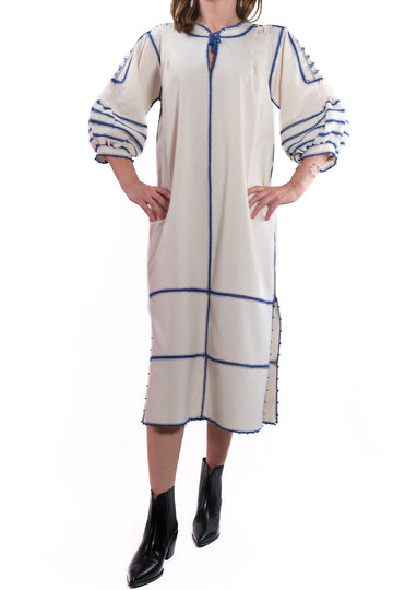 Odilia Dress ecru white with blue embroidery
