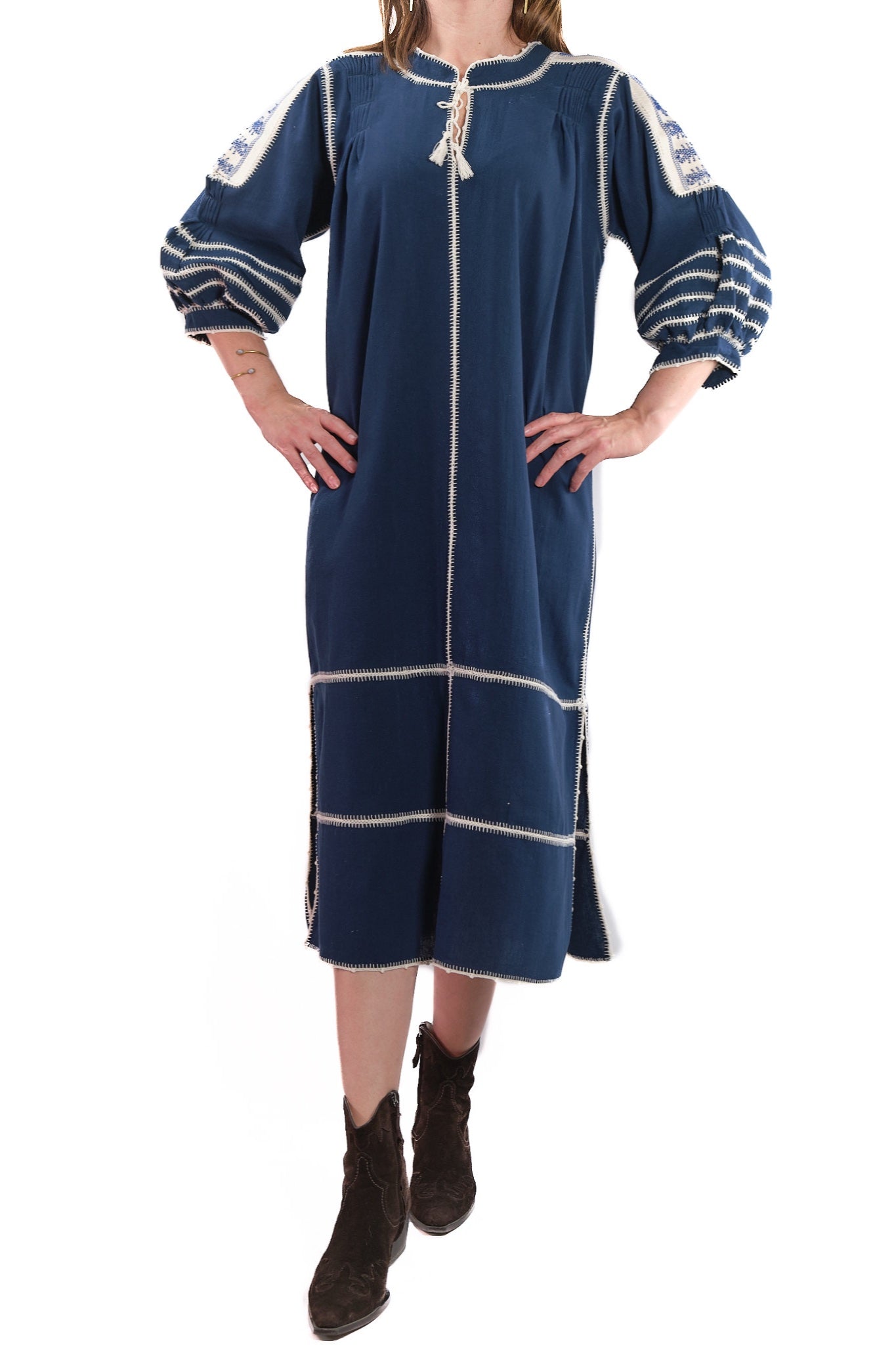Odilia Dress blue with white and blue embroidery