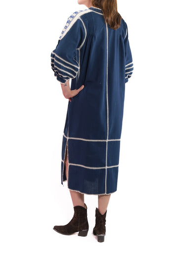 Odilia Dress blue with white and blue embroidery