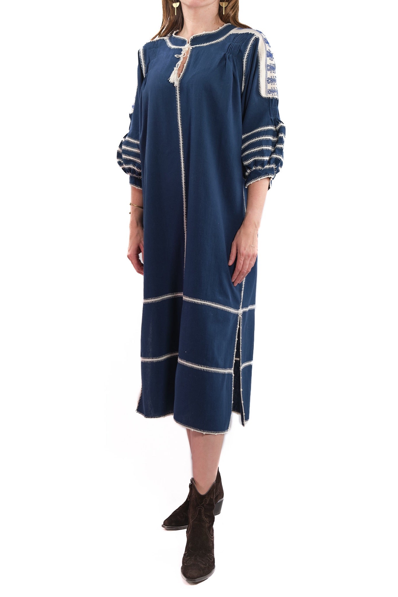 Odilia Dress blue with white and blue embroidery