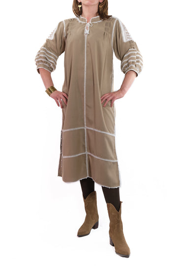 Odilia Dress light brown with white and brown embroidery